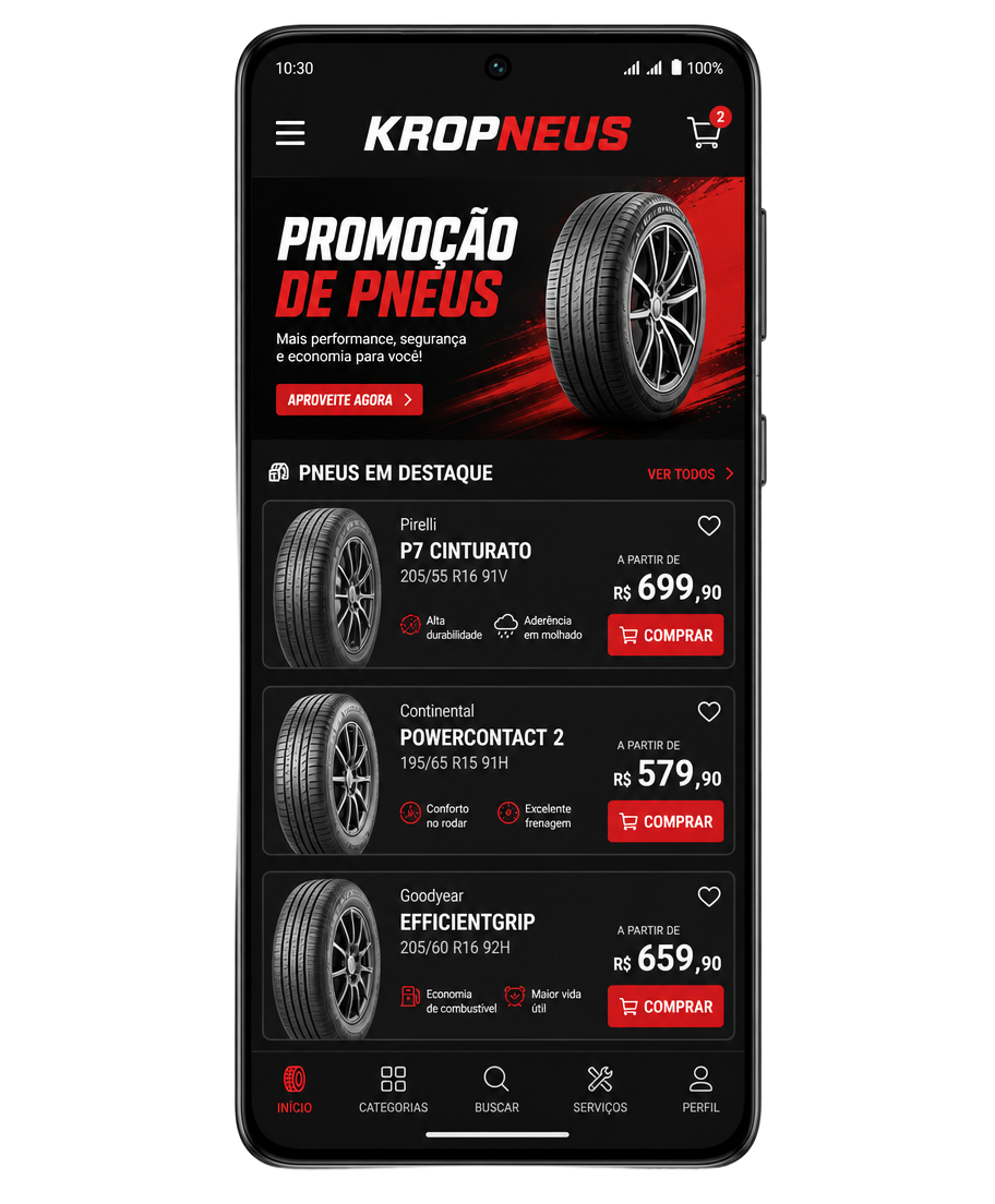 Celular Android exibindo o aplicativo Kropneus com ofertas de pneus